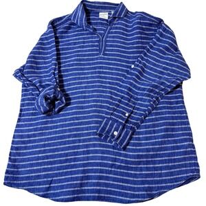 Baird McNutt Linen Striped Tunic Shirt Blue White XL Roll Tab Sleeve